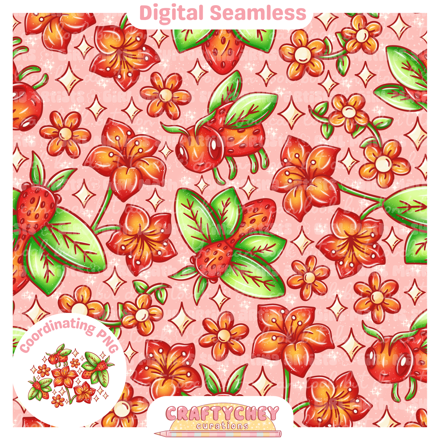 Strawberry Bees (Seamless + PNG)