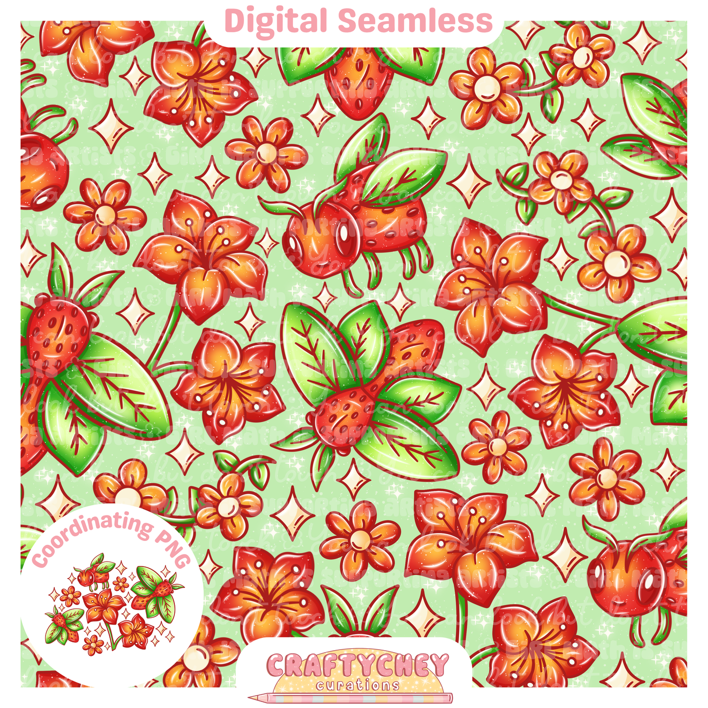 Strawberry Bees (Seamless + PNG)