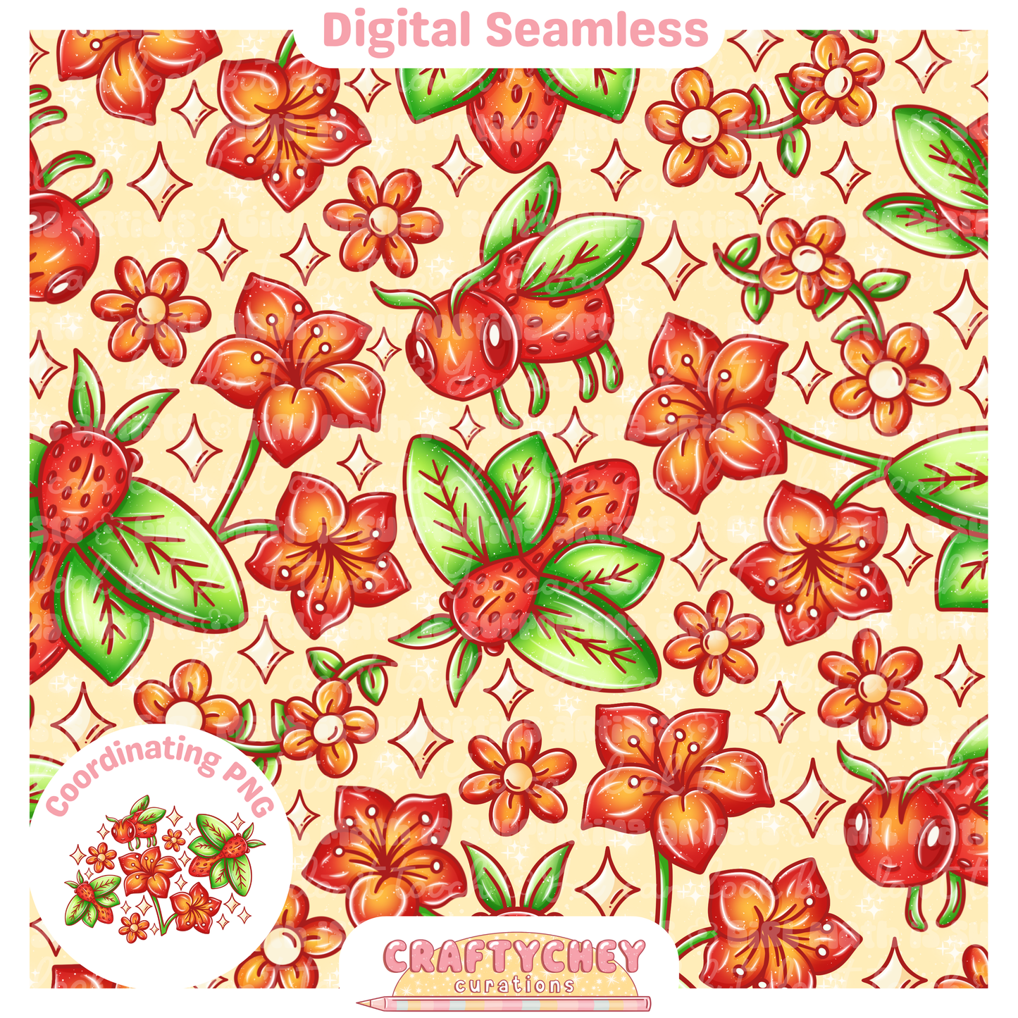 Strawberry Bees (Seamless + PNG)