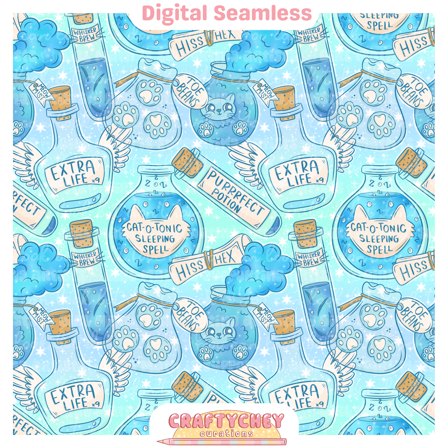 Cat Potions Mystery (Seamless + PNG)