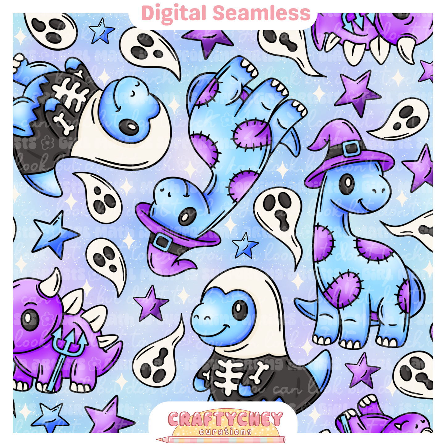 Cutesy Spooky Dinos: Purple (Seamless + PNG)