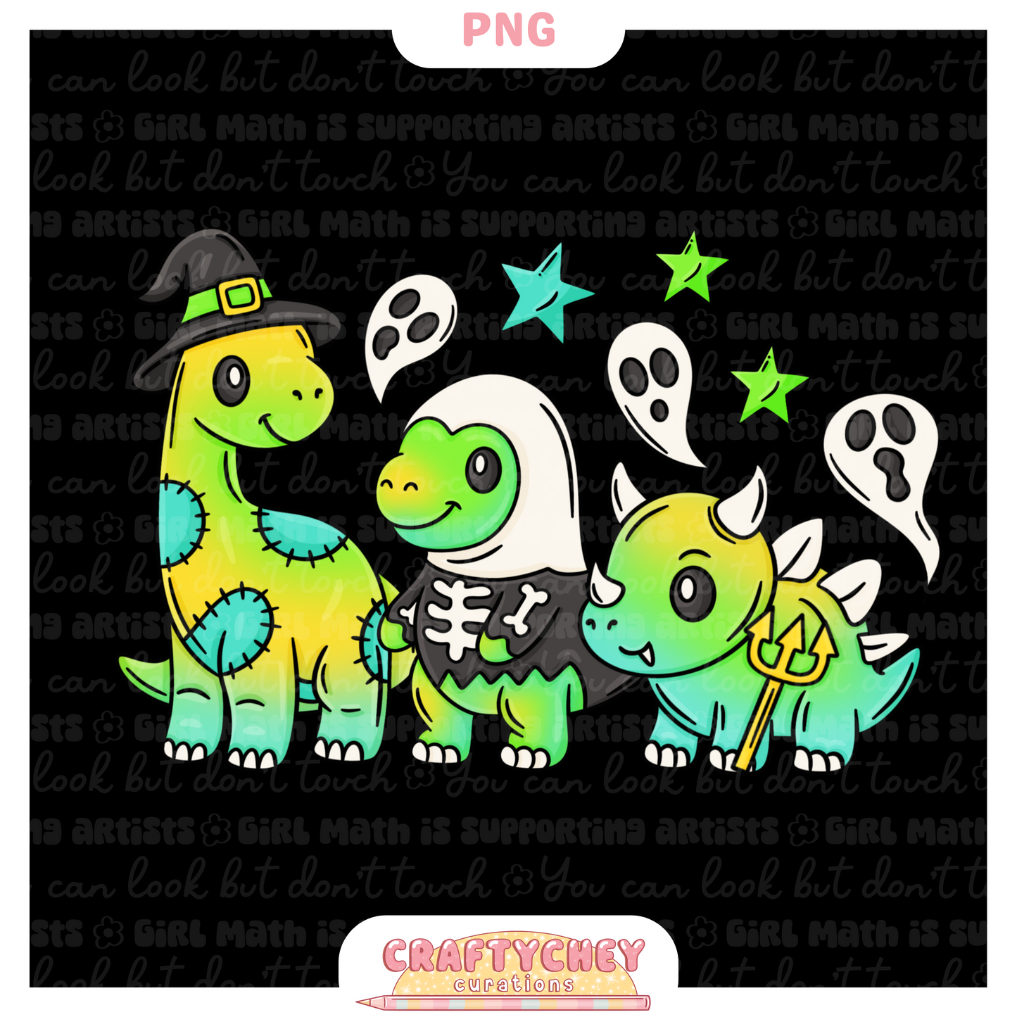 Cutesy Spooky Dinos: Green (Seamless + PNG)