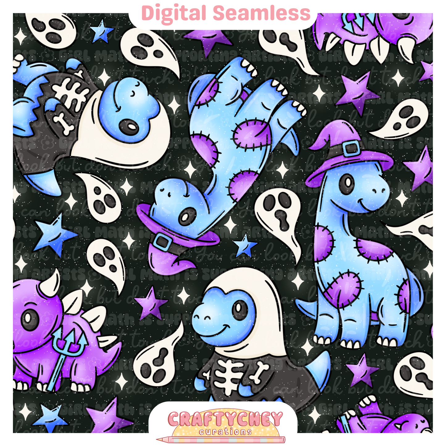 Cutesy Spooky Dinos: Purple (Seamless + PNG)