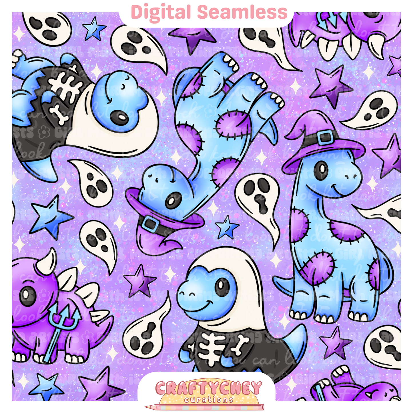 Cutesy Spooky Dinos: Purple (Seamless + PNG)