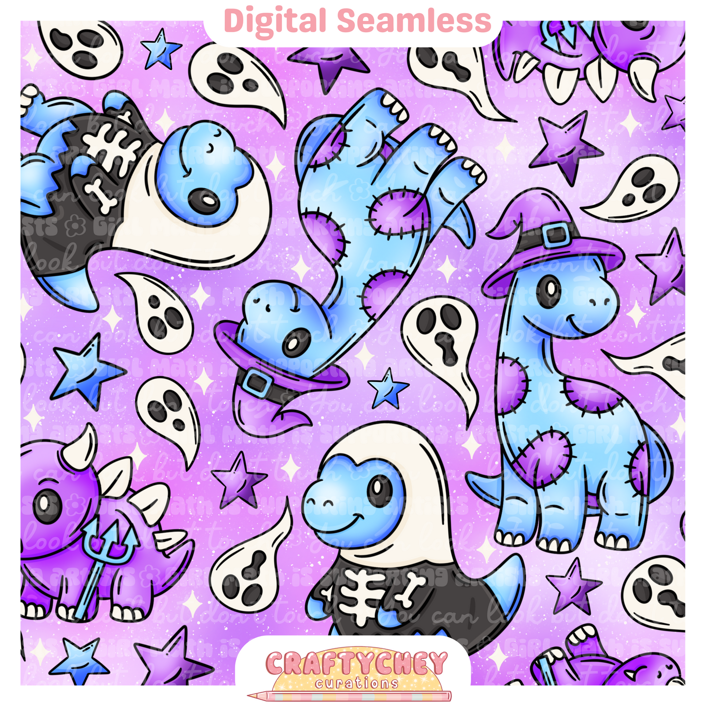 Cutesy Spooky Dinos: Purple (Seamless + PNG)