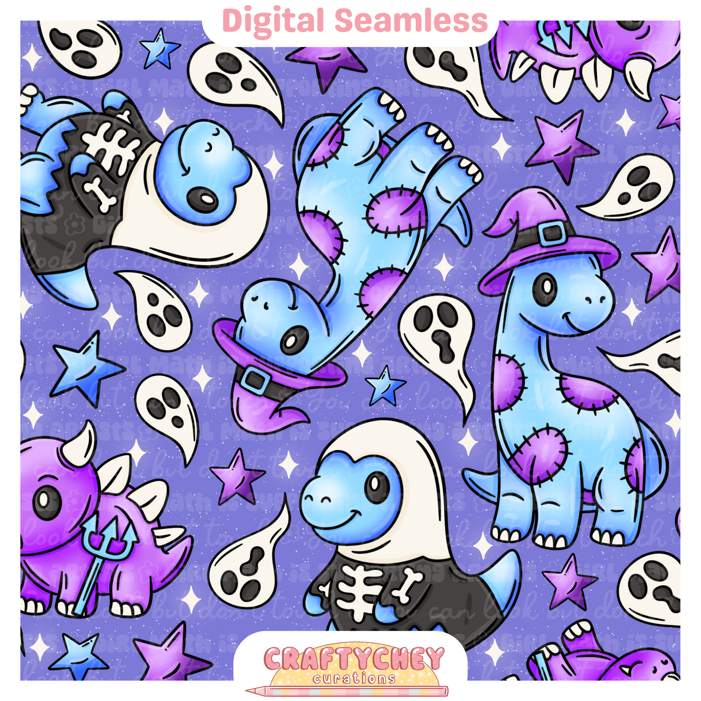 Cutesy Spooky Dinos: Purple (Seamless + PNG)