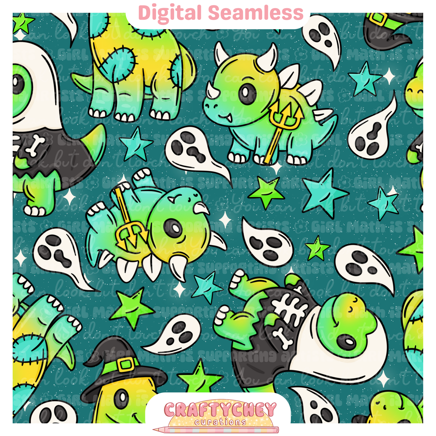 Cutesy Spooky Dinos: Green (Seamless + PNG)