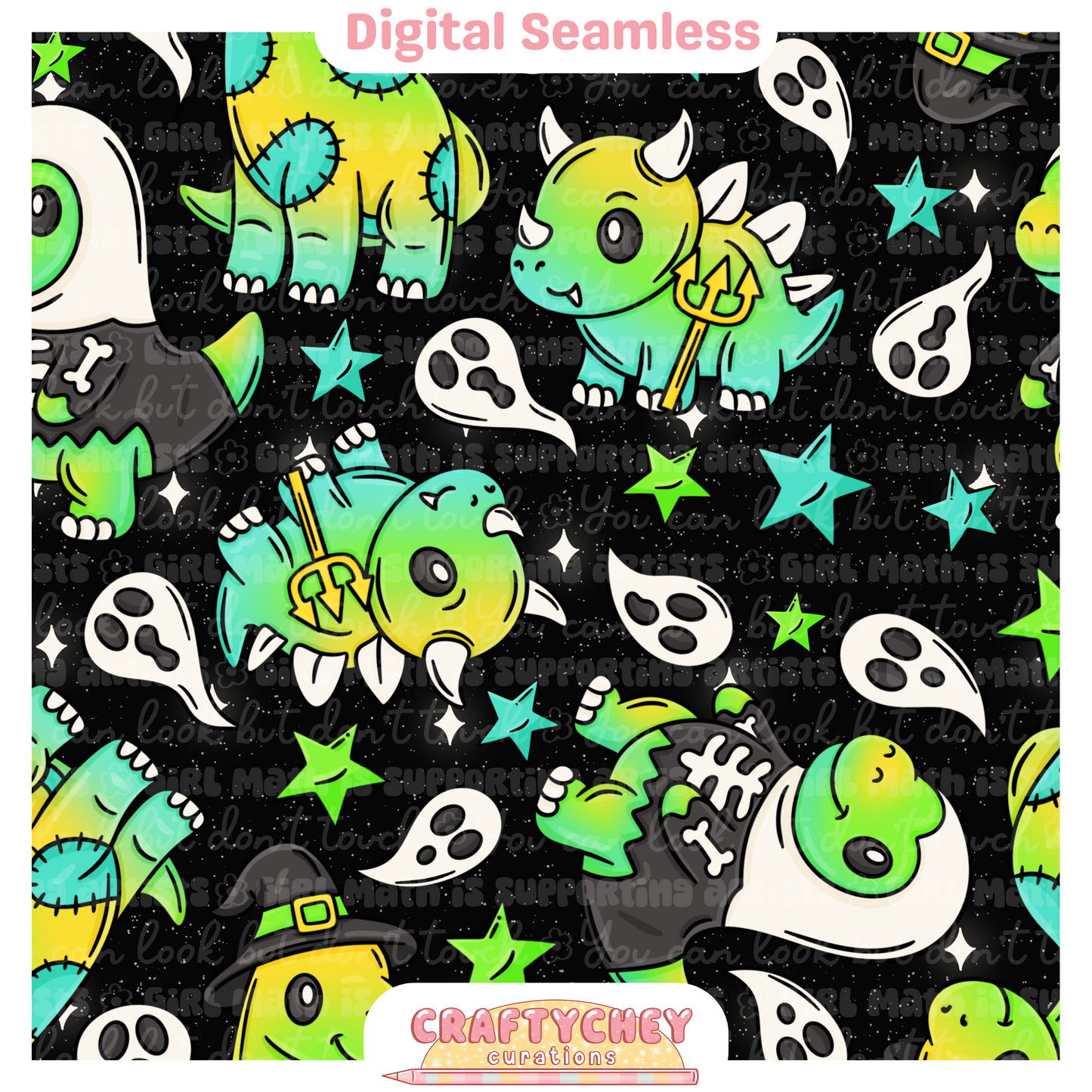 Cutesy Spooky Dinos: Green (Seamless + PNG)