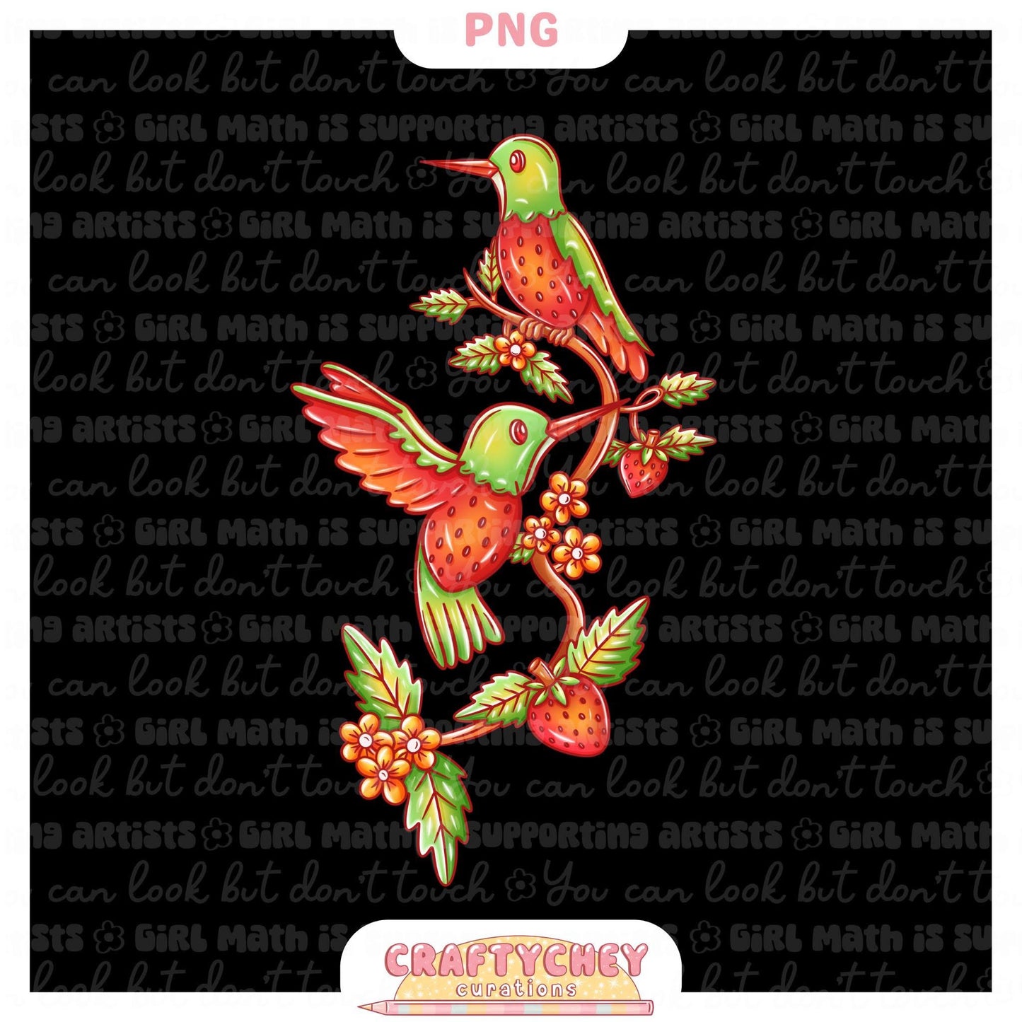 Strawberry Hummingbird (Seamless + PNG)