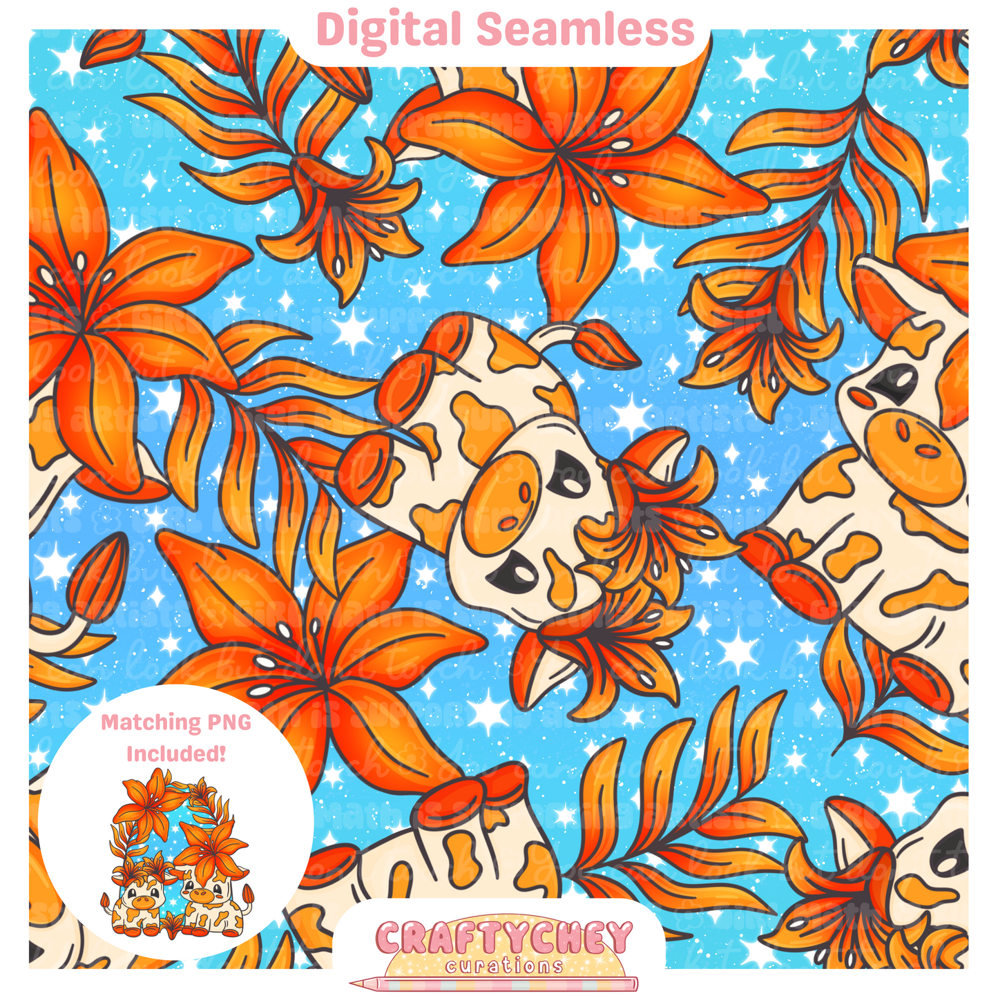 Orange Lily Cows (Seamless + PNG)