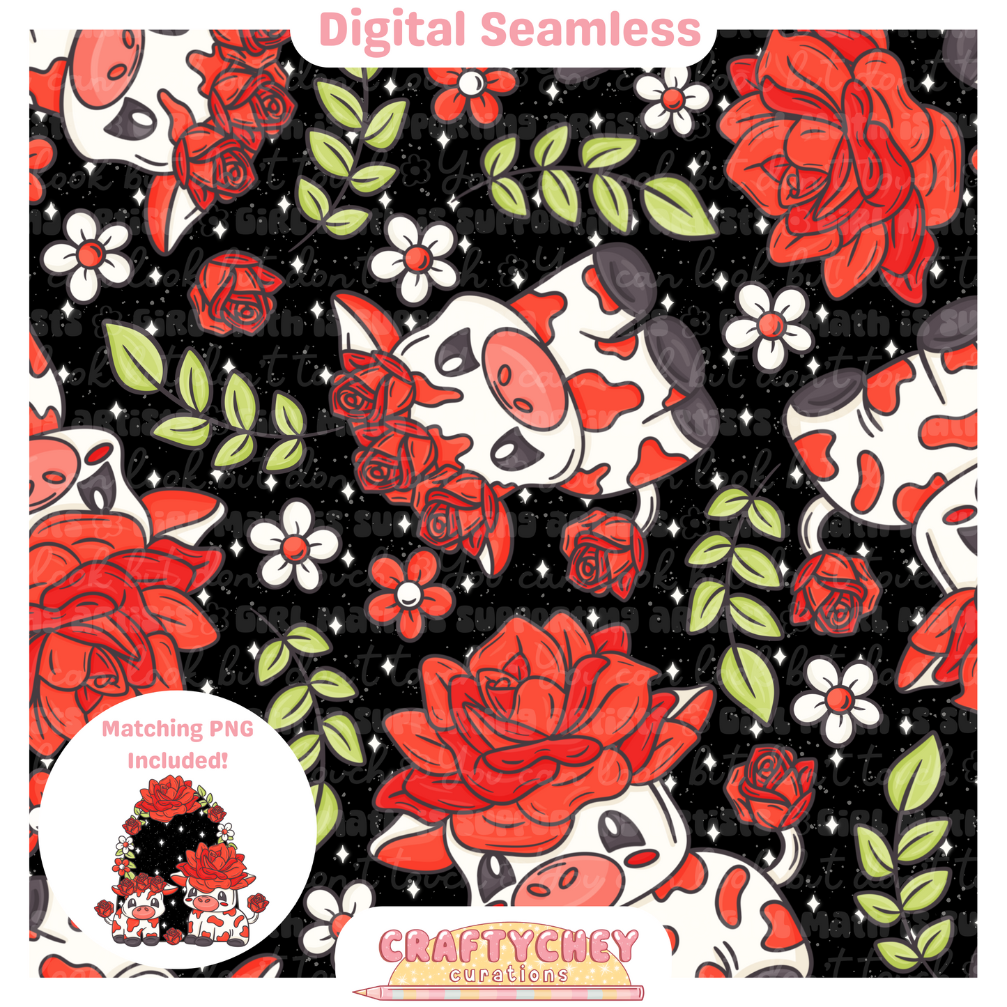 Red Rose Cows (Seamless + PNG)