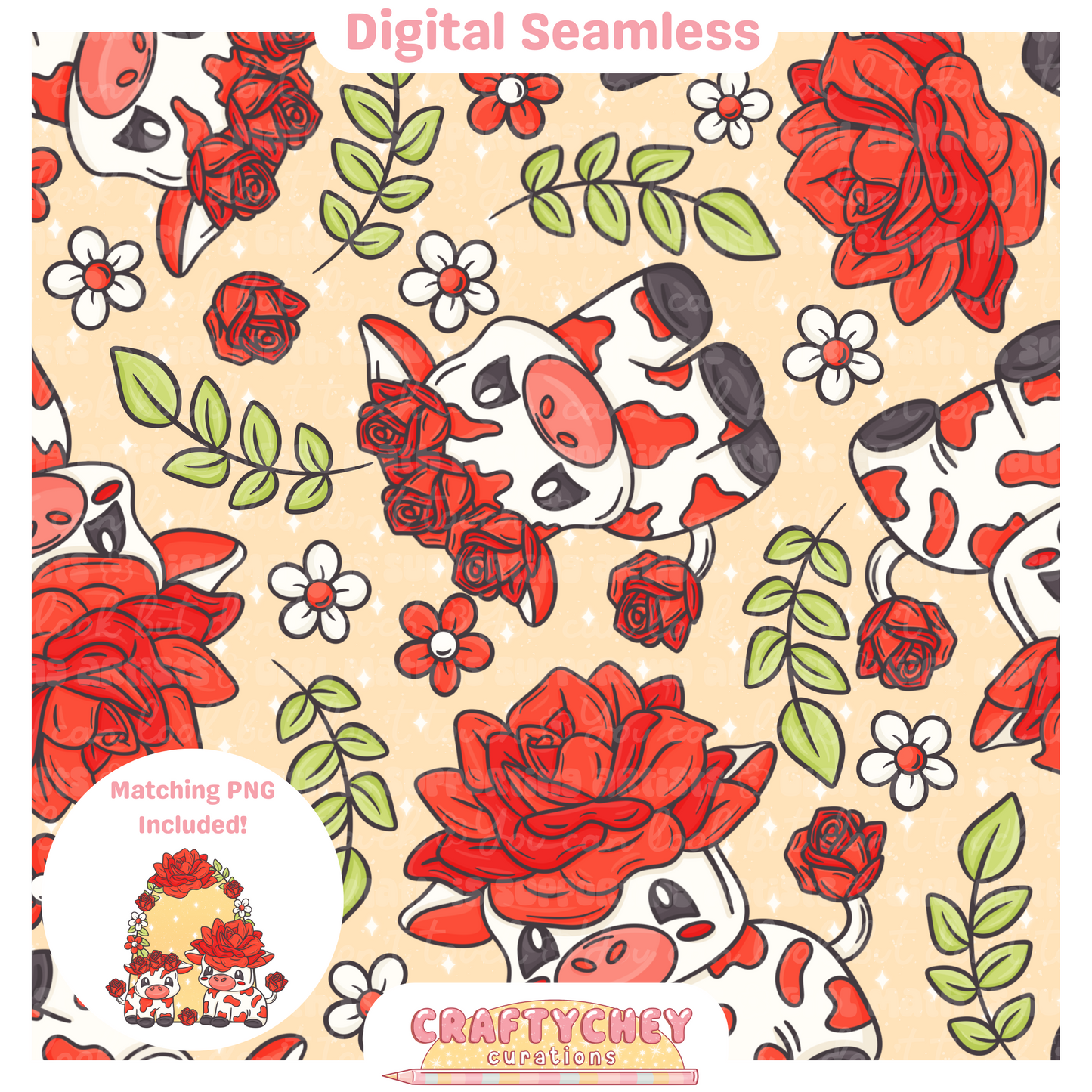 Red Rose Cows (Seamless + PNG)