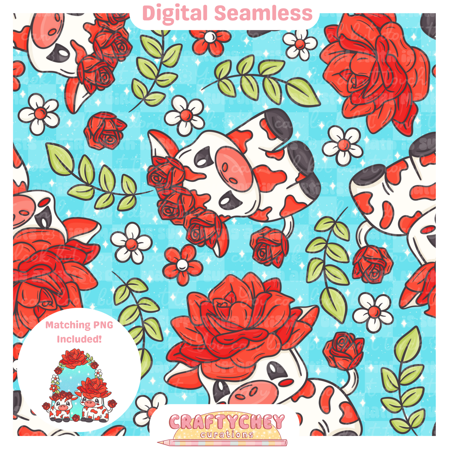 Red Rose Cows (Seamless + PNG)