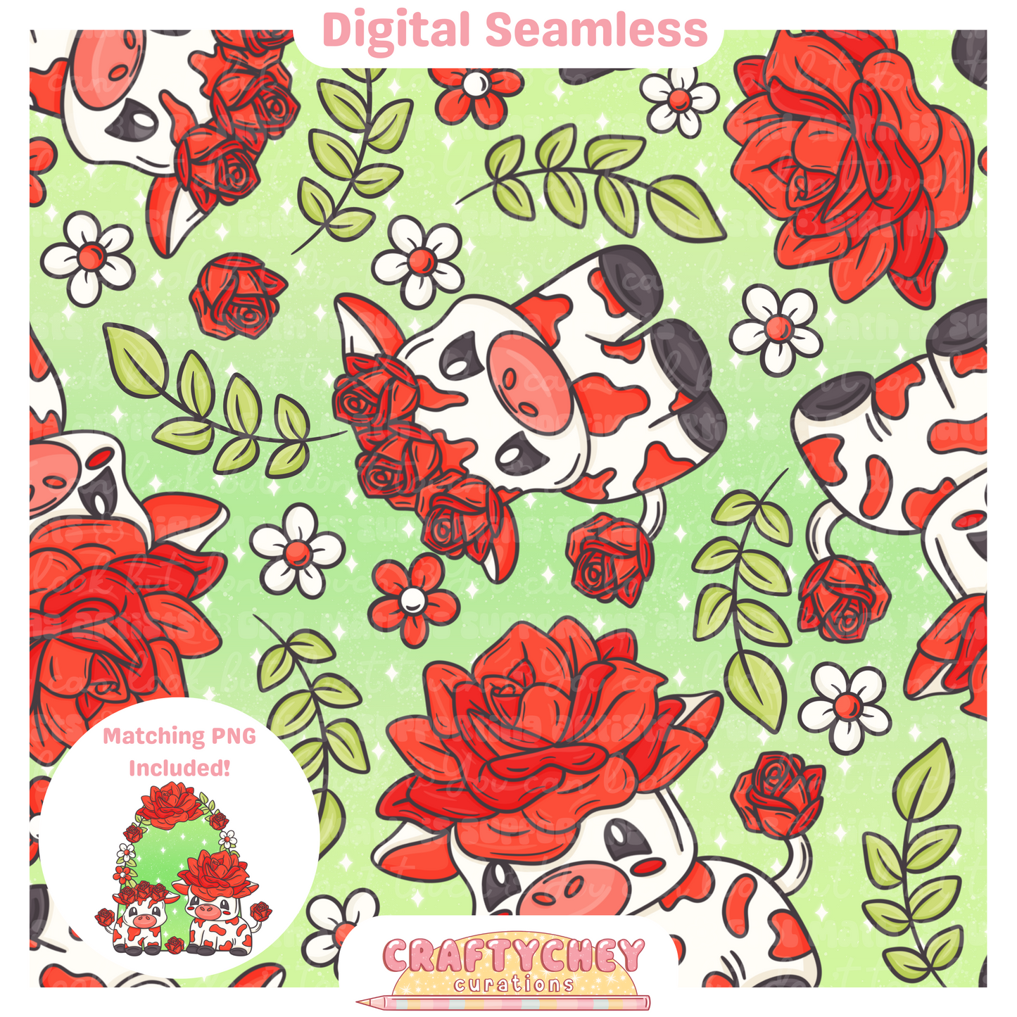 Red Rose Cows (Seamless + PNG)