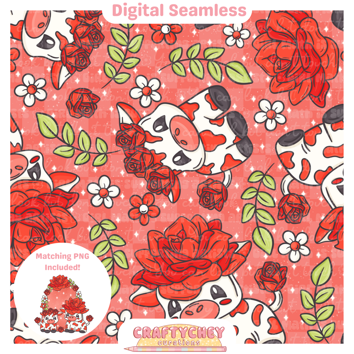 Red Rose Cows (Seamless + PNG)