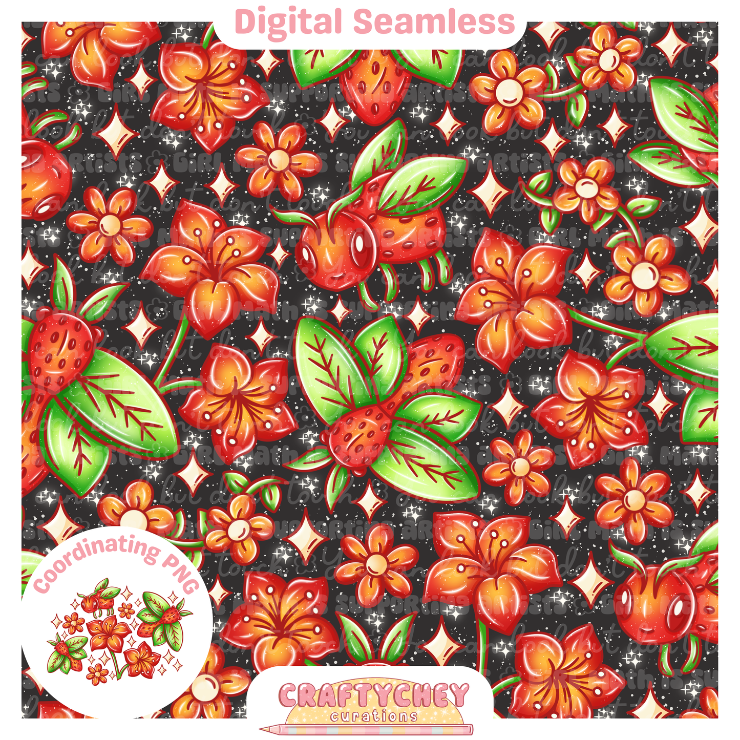 Strawberry Bees (Seamless + PNG)