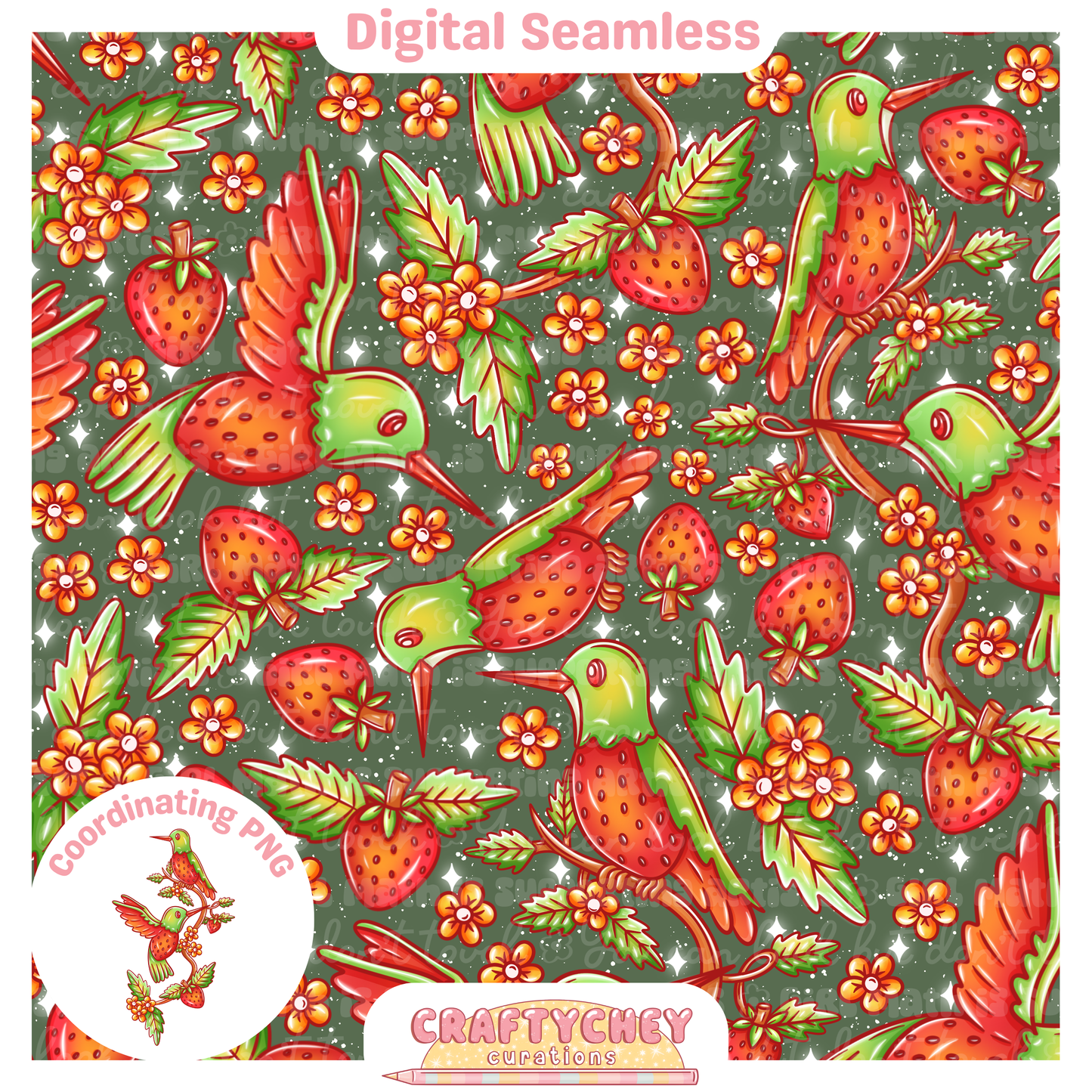 Strawberry Hummingbird (Seamless + PNG)