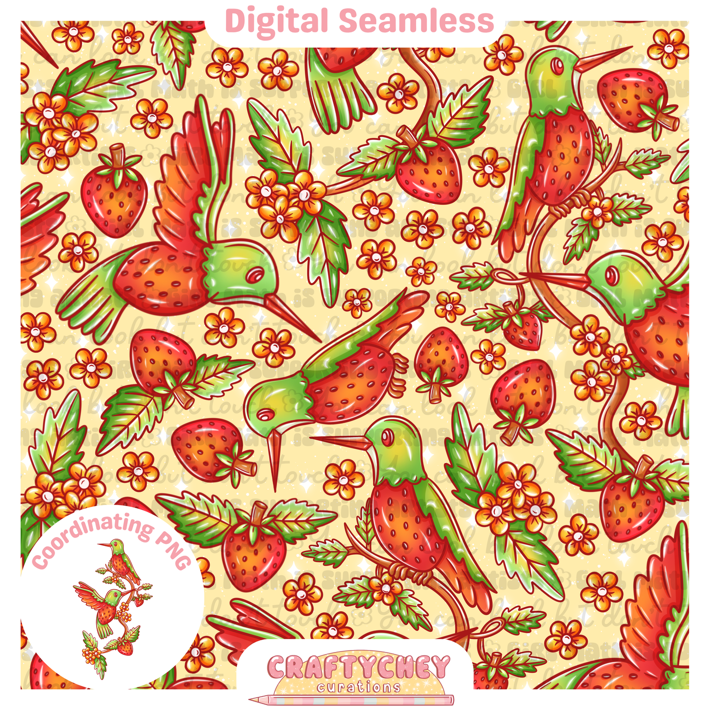 Strawberry Hummingbird (Seamless + PNG)