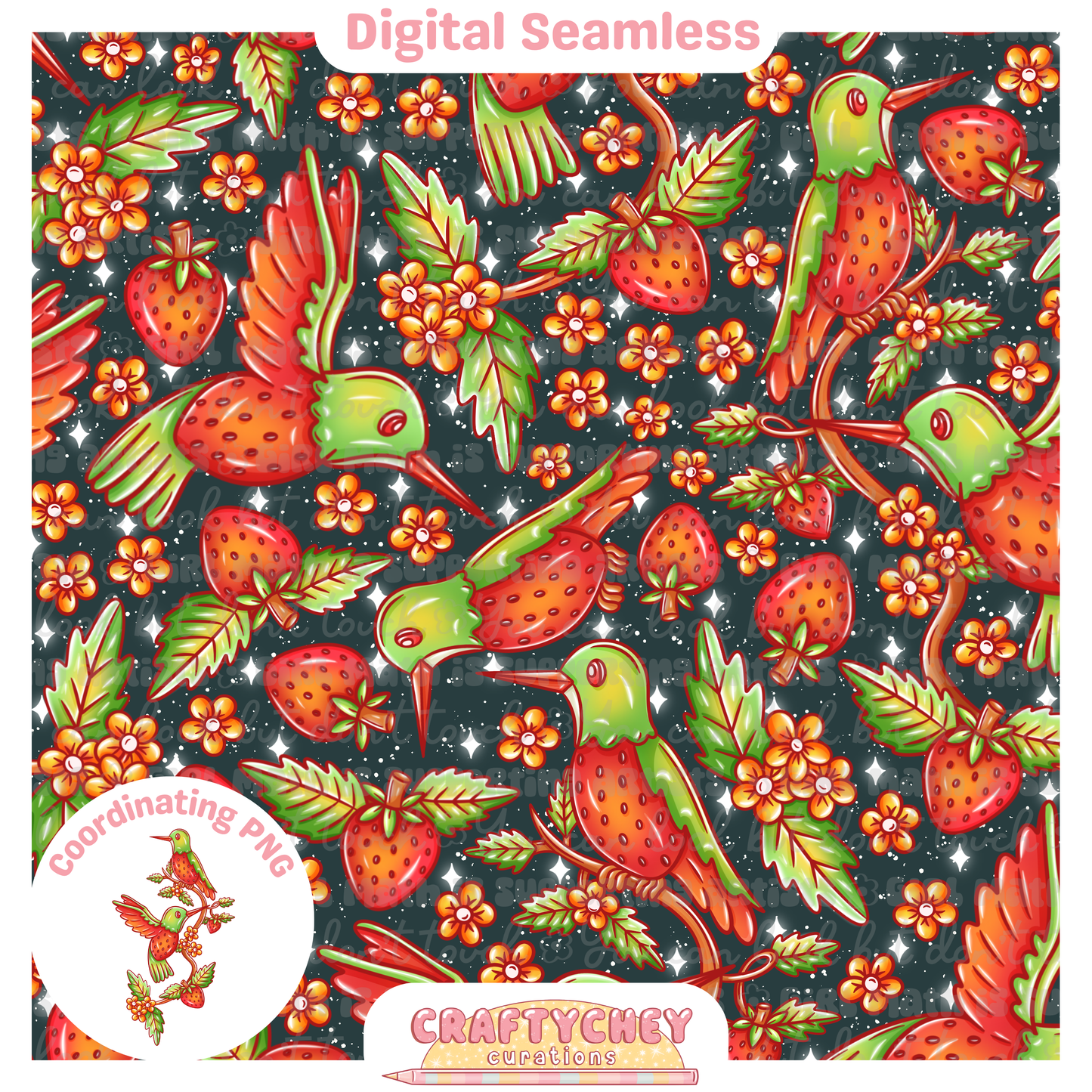 Strawberry Hummingbird (Seamless + PNG)