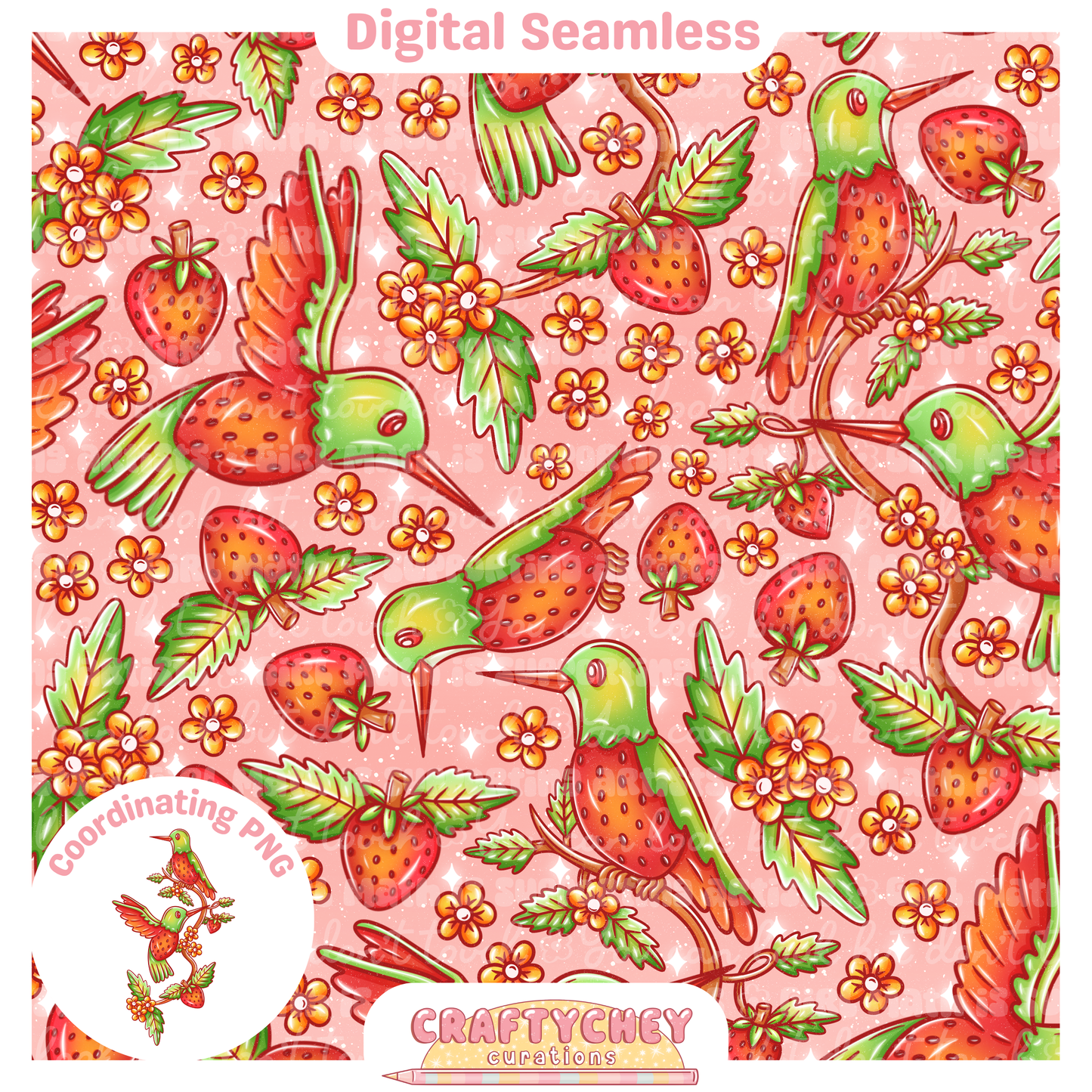 Strawberry Hummingbird (Seamless + PNG)