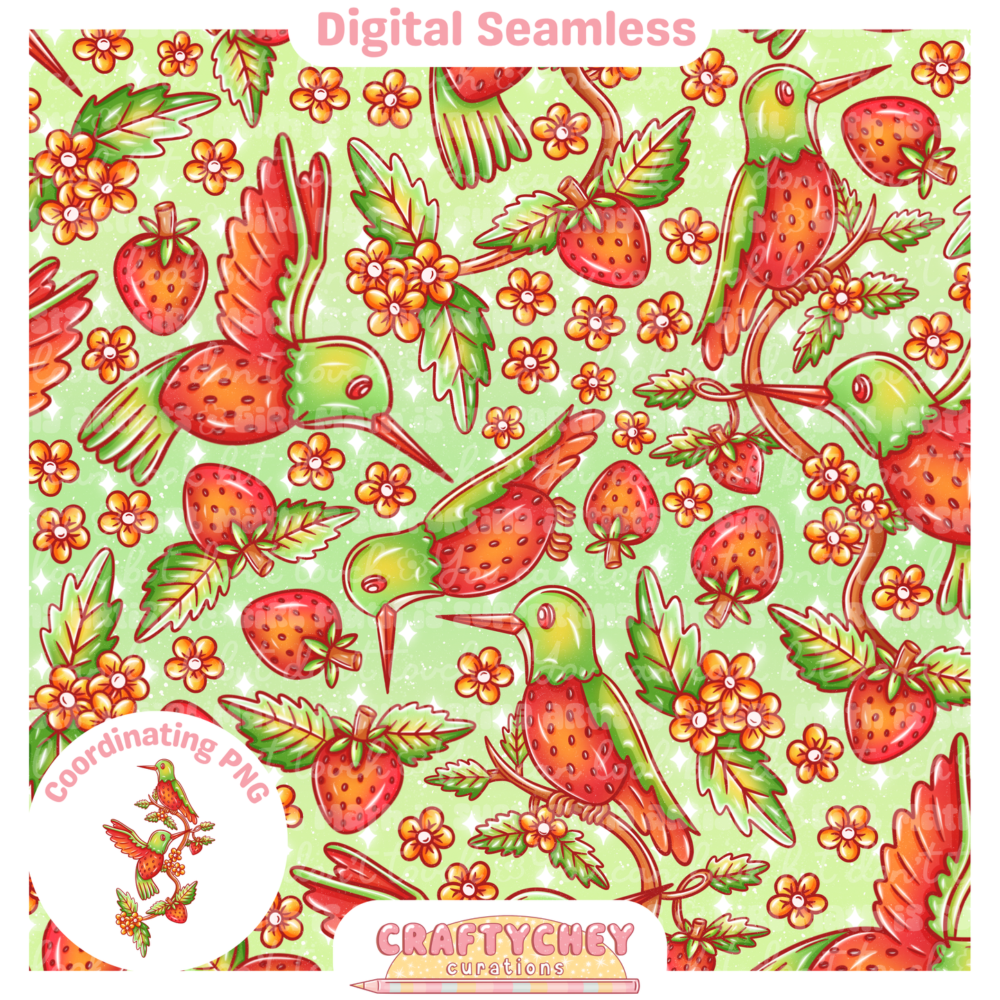 Strawberry Hummingbird (Seamless + PNG)