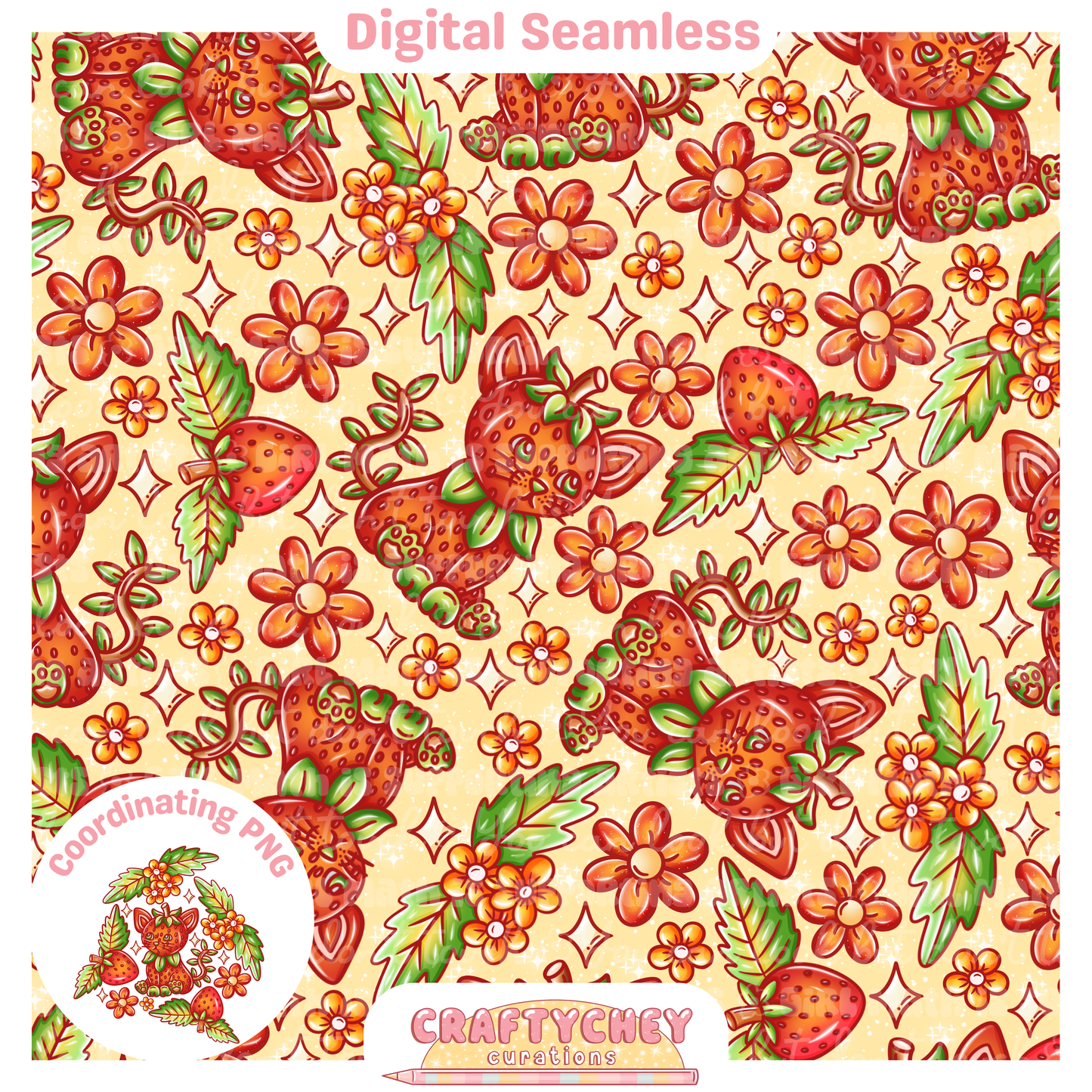 Strawberry Cats (Seamless + PNG)