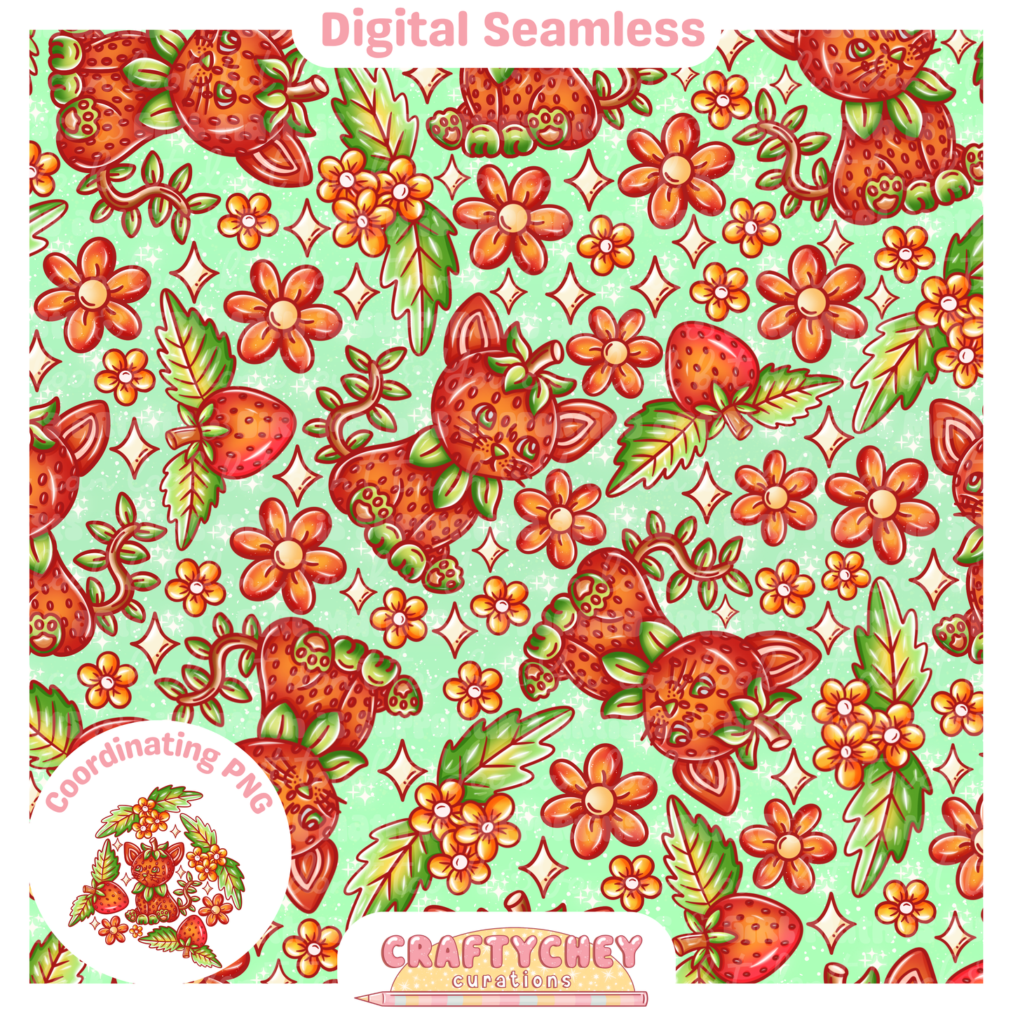 Strawberry Cats (Seamless + PNG)