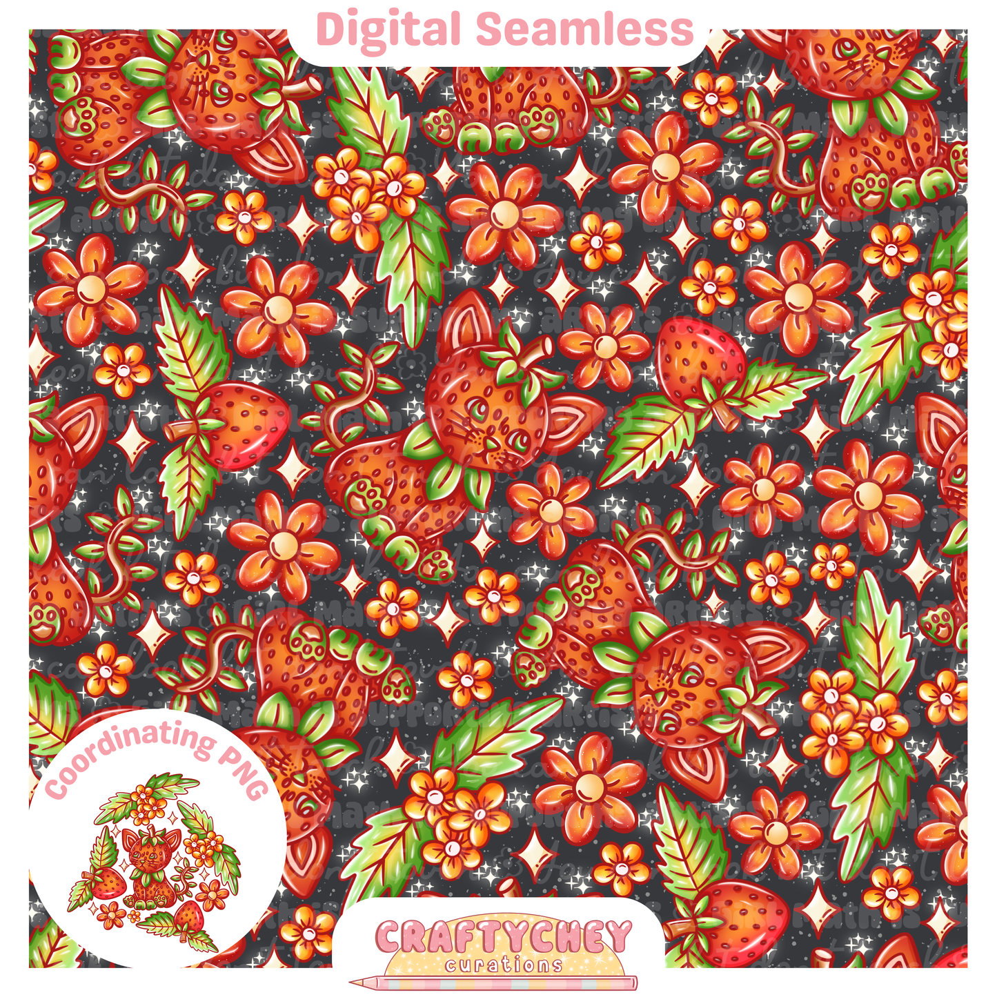 Strawberry Cats (Seamless + PNG)