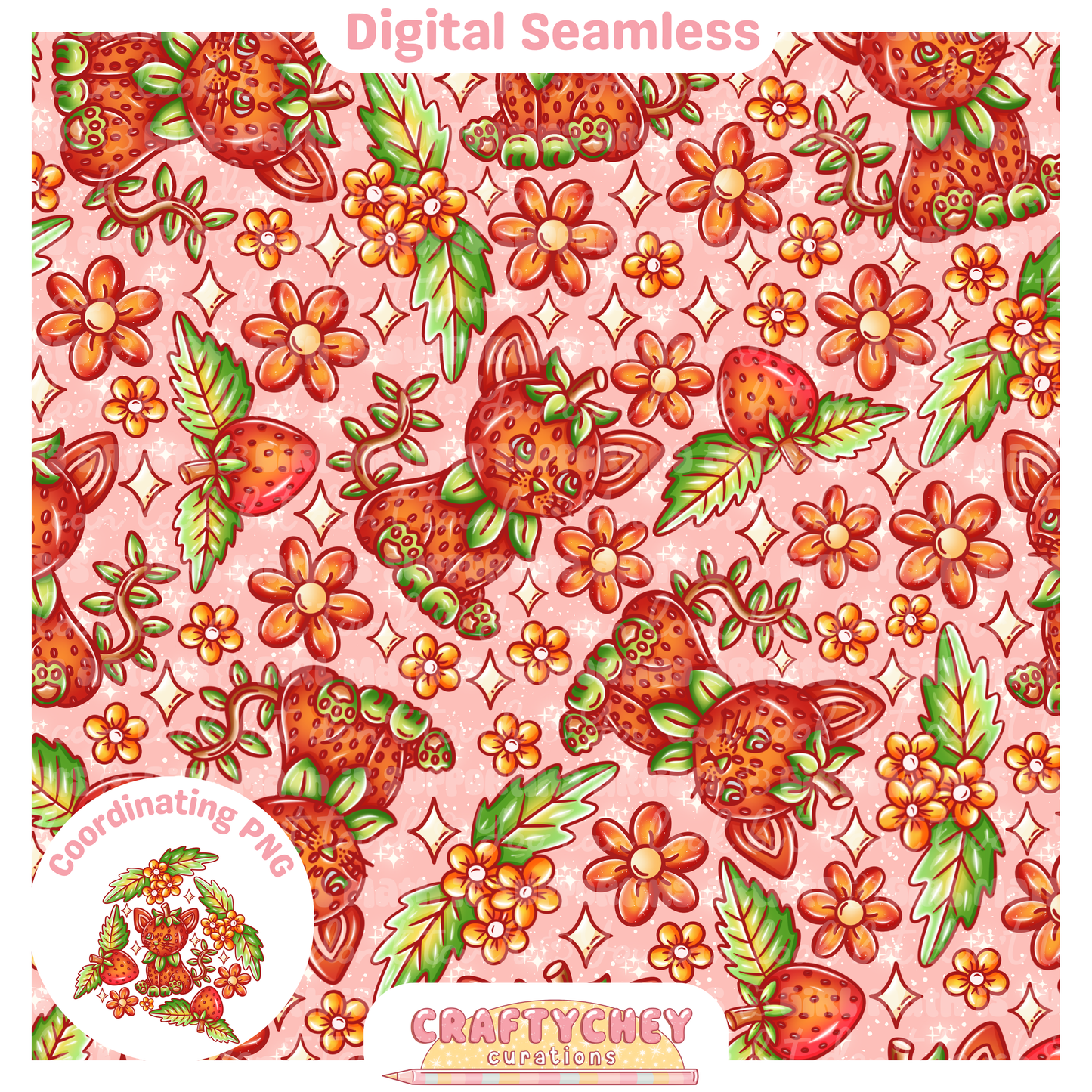 Strawberry Cats (Seamless + PNG)