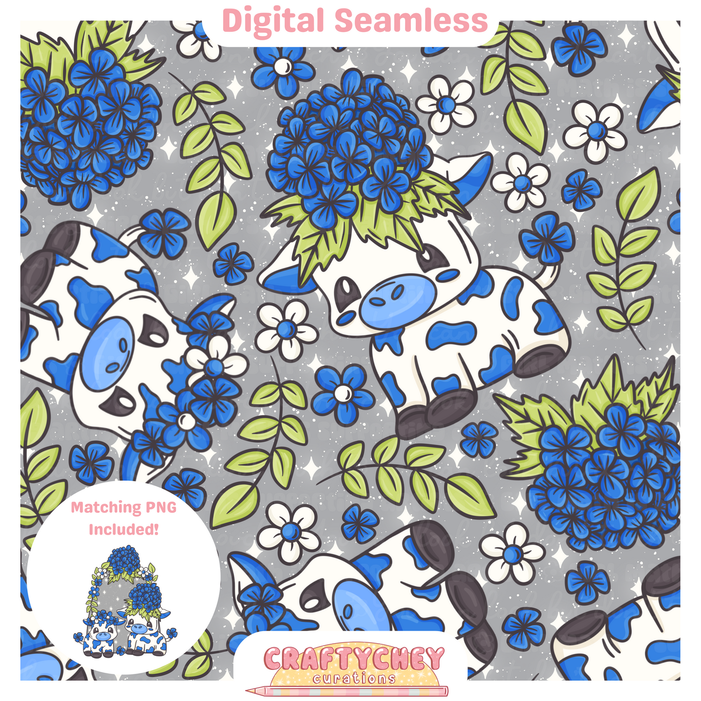 Blue Hydrangea Cows (Seamless + PNG)
