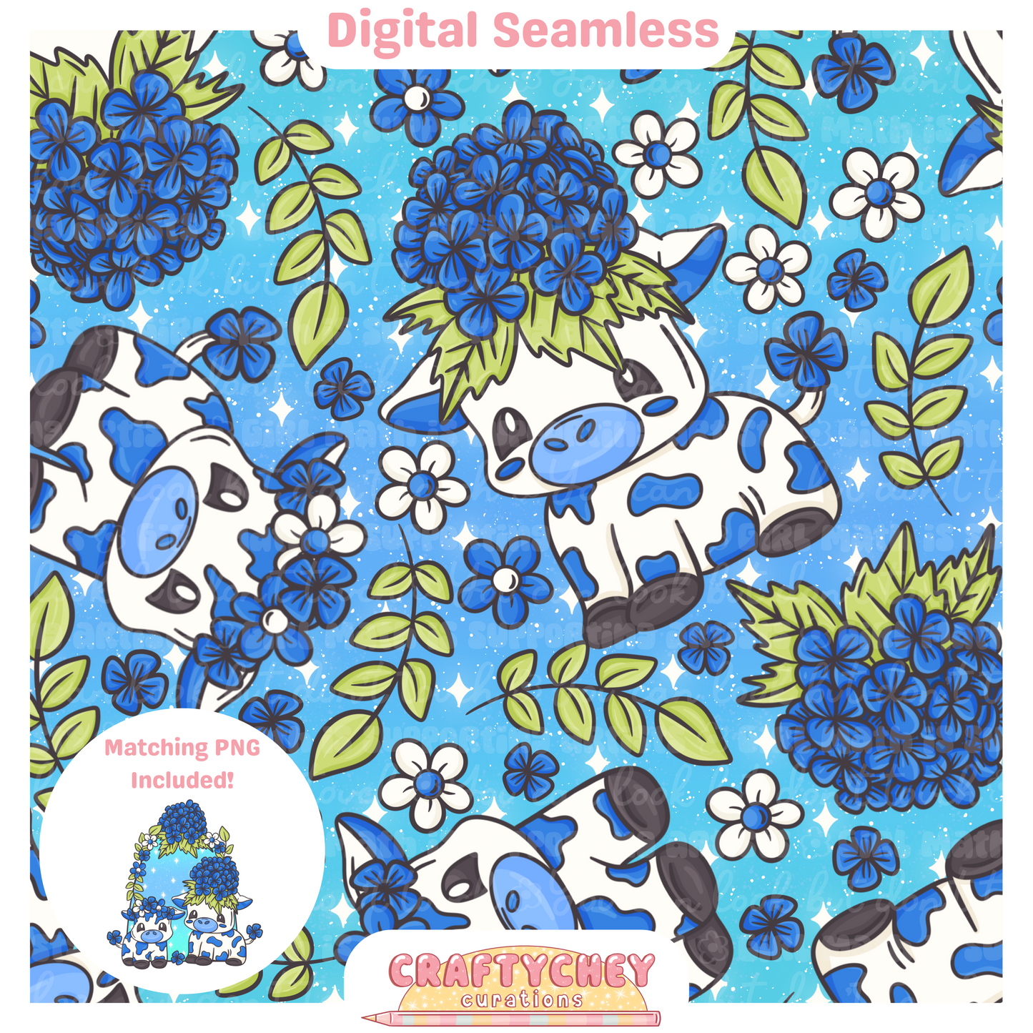 Blue Hydrangea Cows (Seamless + PNG)