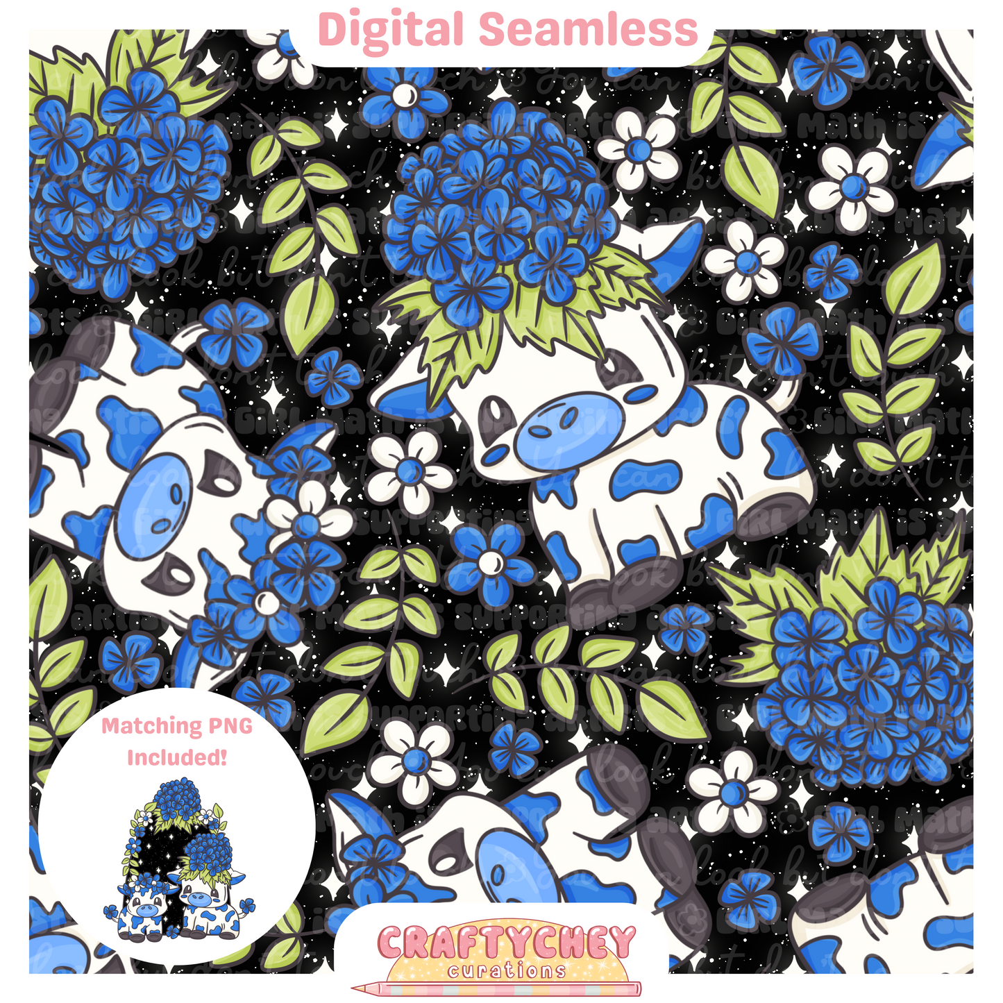 Blue Hydrangea Cows (Seamless + PNG)