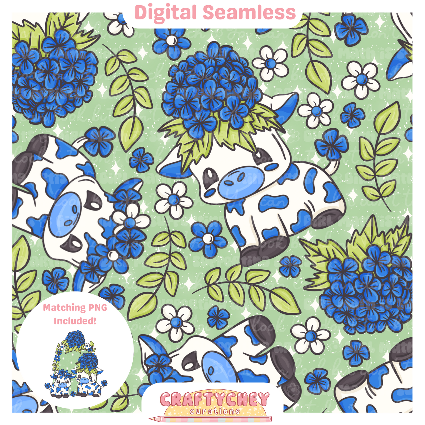 Blue Hydrangea Cows (Seamless + PNG)