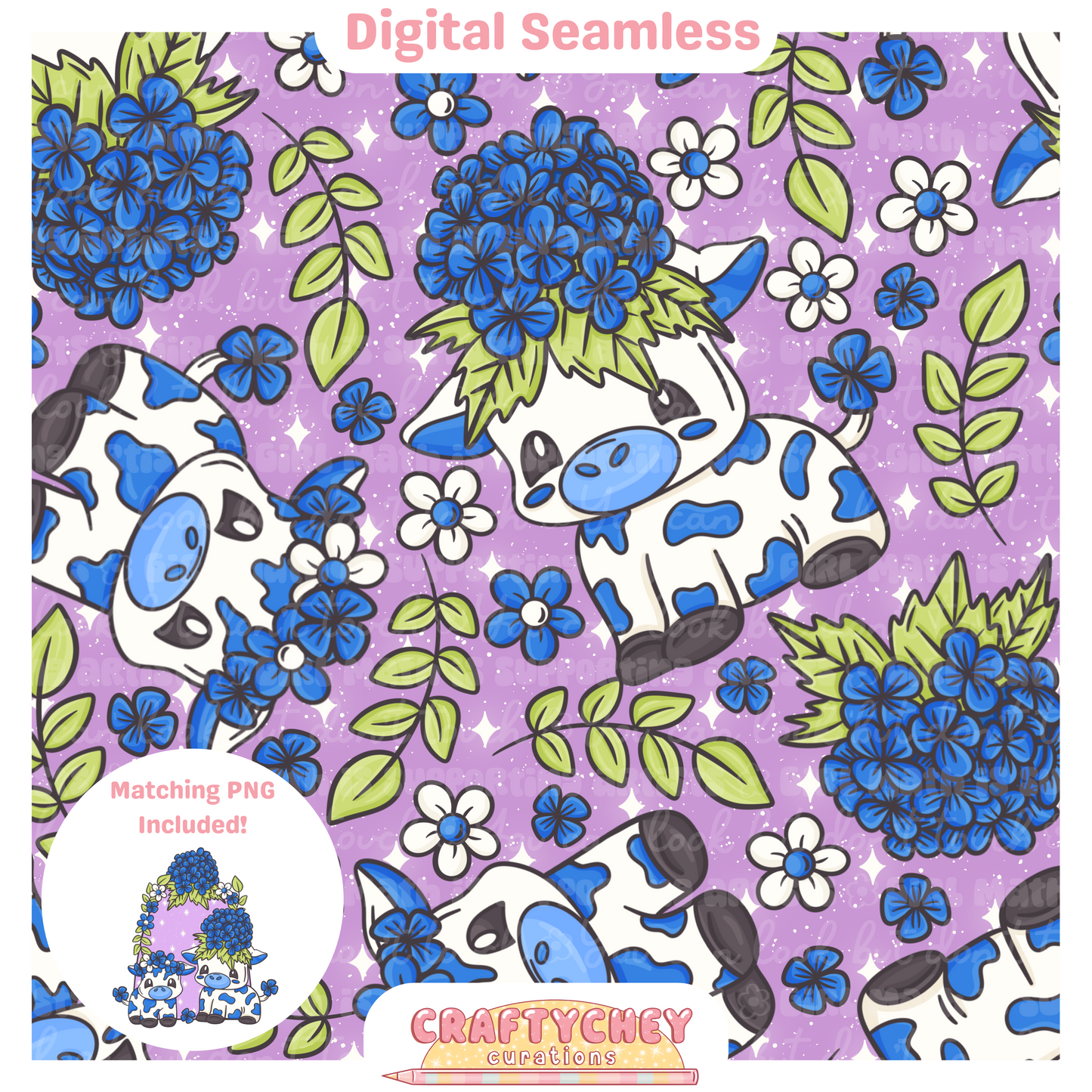 Blue Hydrangea Cows (Seamless + PNG)