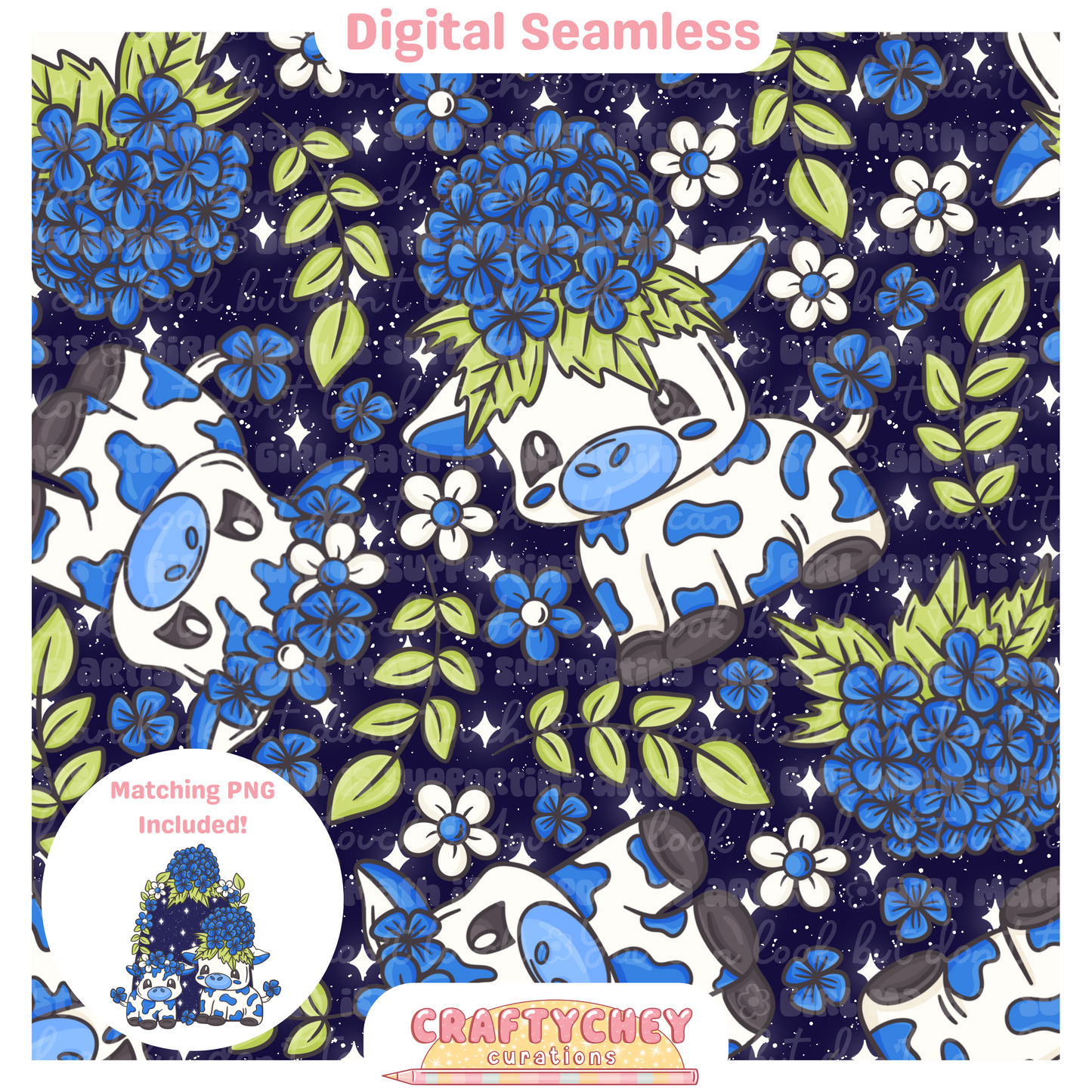 Blue Hydrangea Cows (Seamless + PNG)