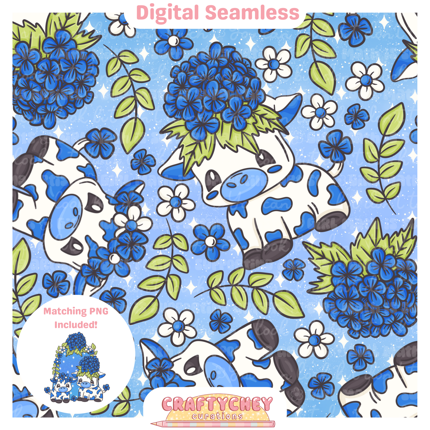 Blue Hydrangea Cows (Seamless + PNG)
