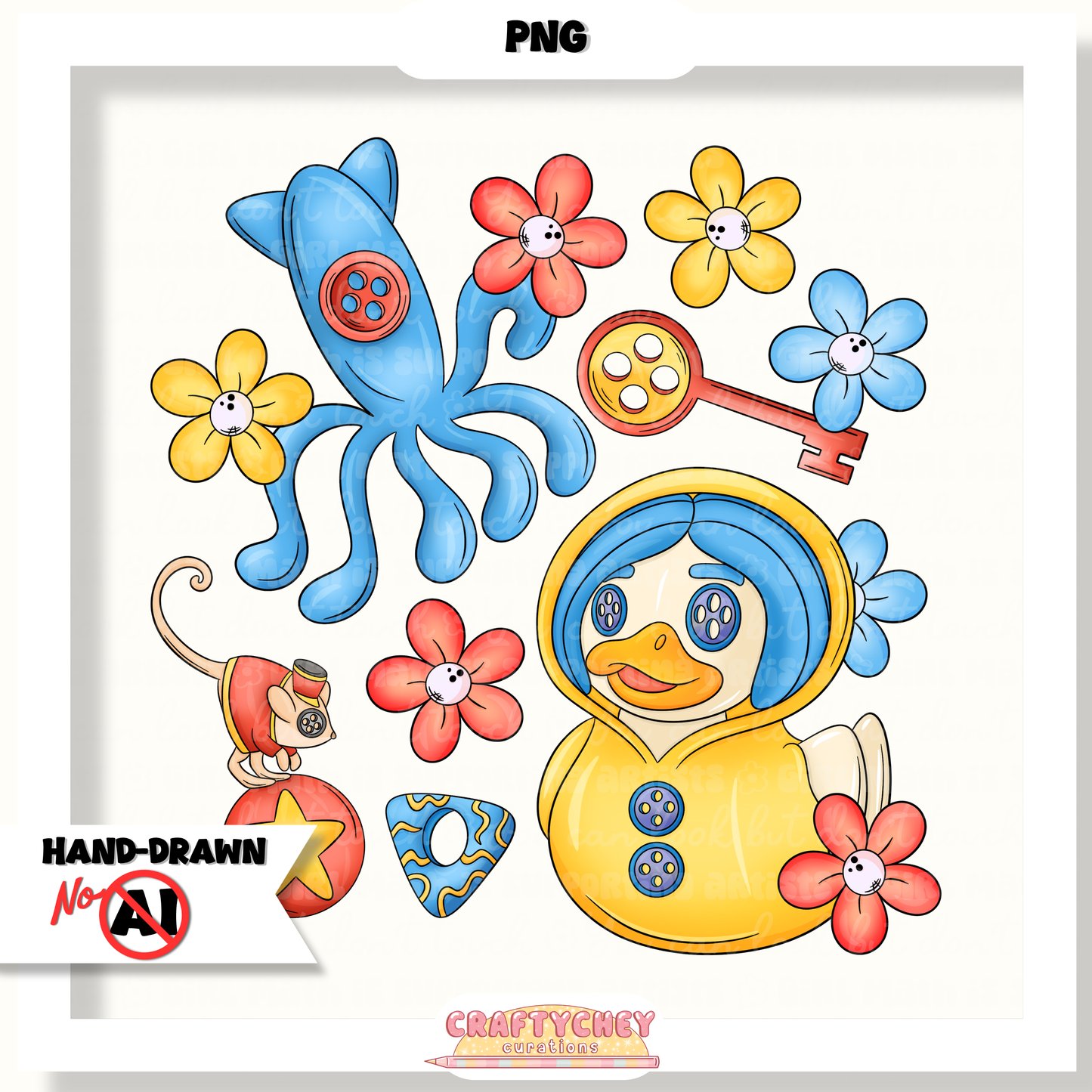Button Girl Ducks (Seamless + PNG)