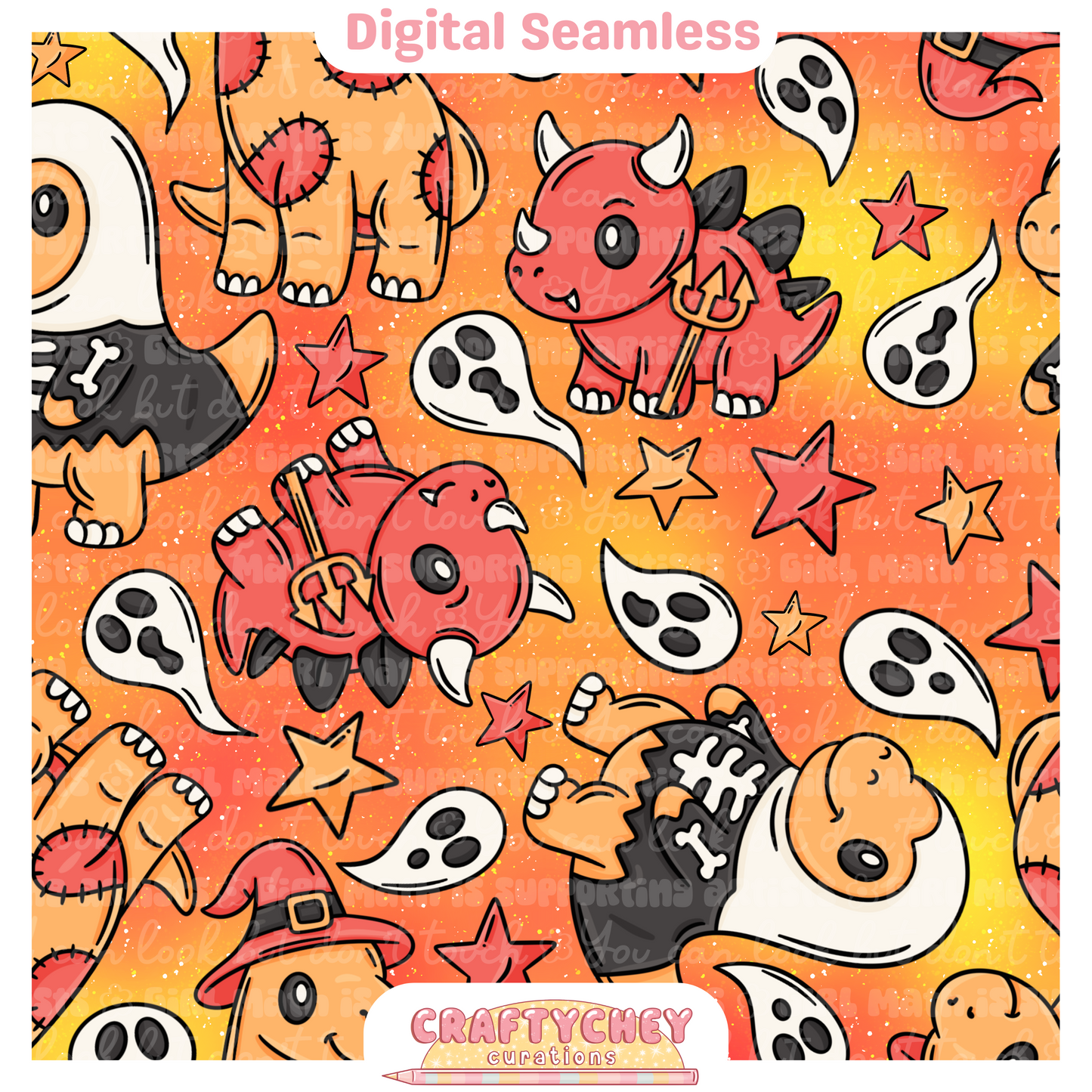 Cutesy Spooky Dinos: Red (Seamless + PNG)