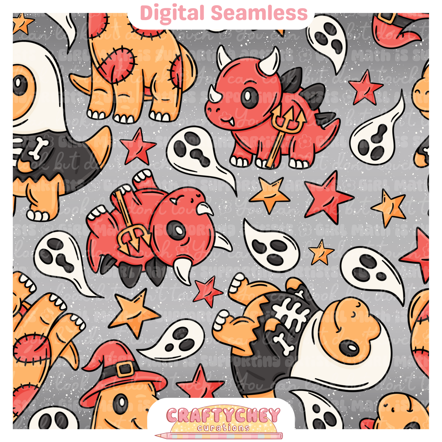 Cutesy Spooky Dinos: Red (Seamless + PNG)