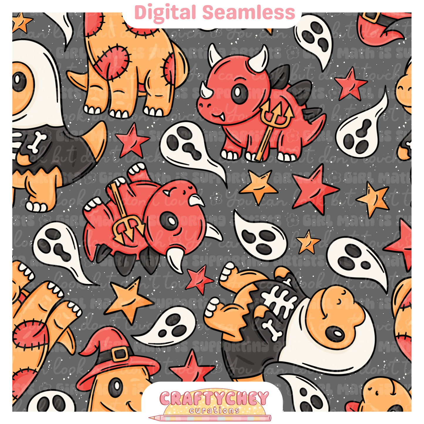 Cutesy Spooky Dinos: Red (Seamless + PNG)