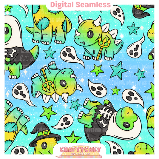 Cutesy Spooky Dinos: Green (Seamless + PNG)