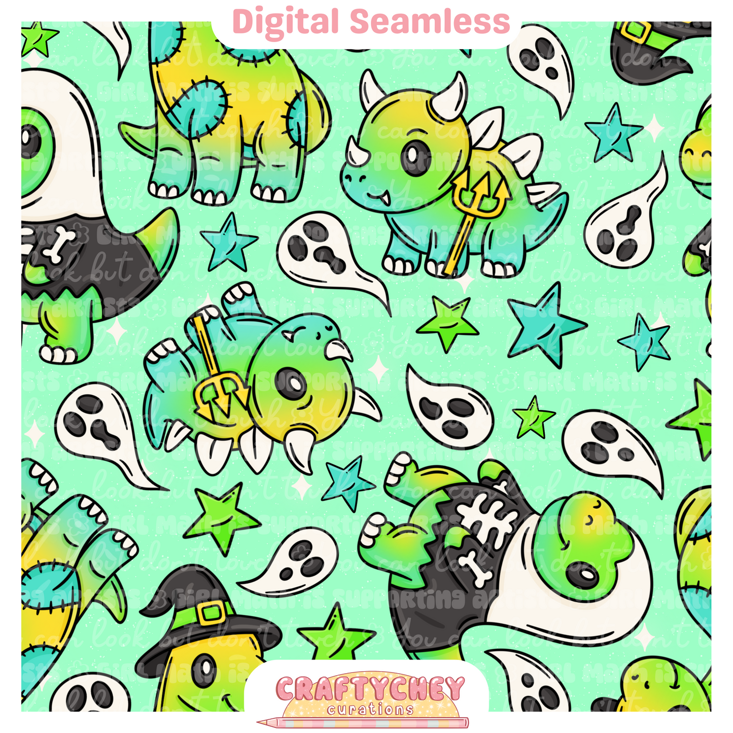 Cutesy Spooky Dinos: Green (Seamless + PNG)