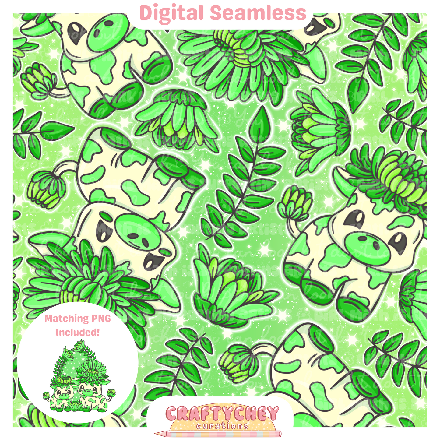 Green Chrysanthemum Cows (Seamless + PNG)