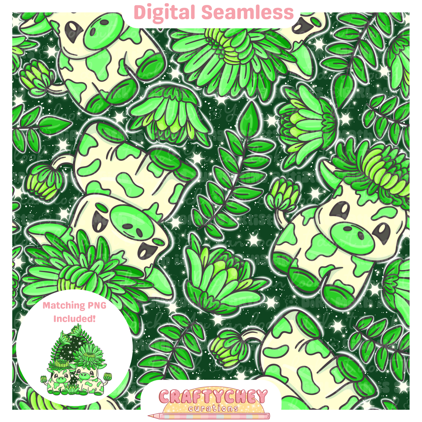 Green Chrysanthemum Cows (Seamless + PNG)