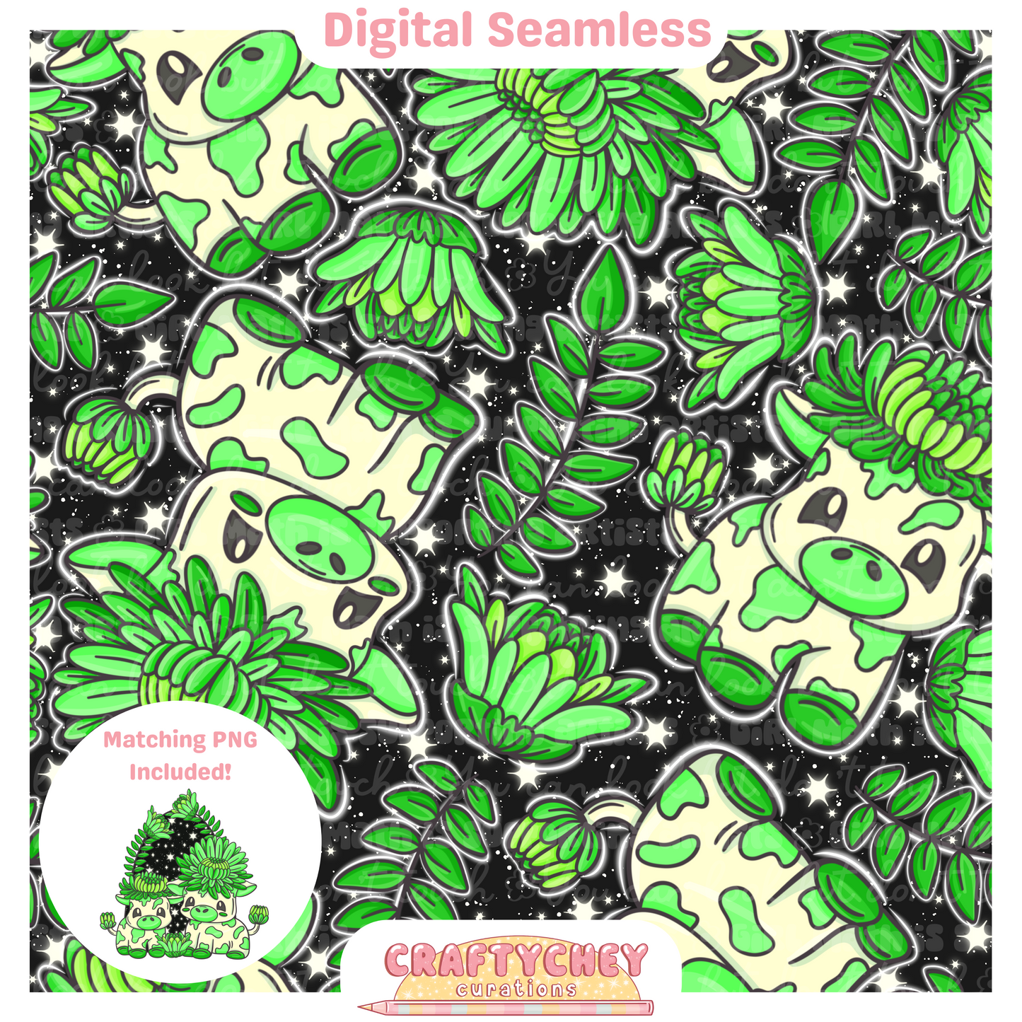 Green Chrysanthemum Cows (Seamless + PNG)