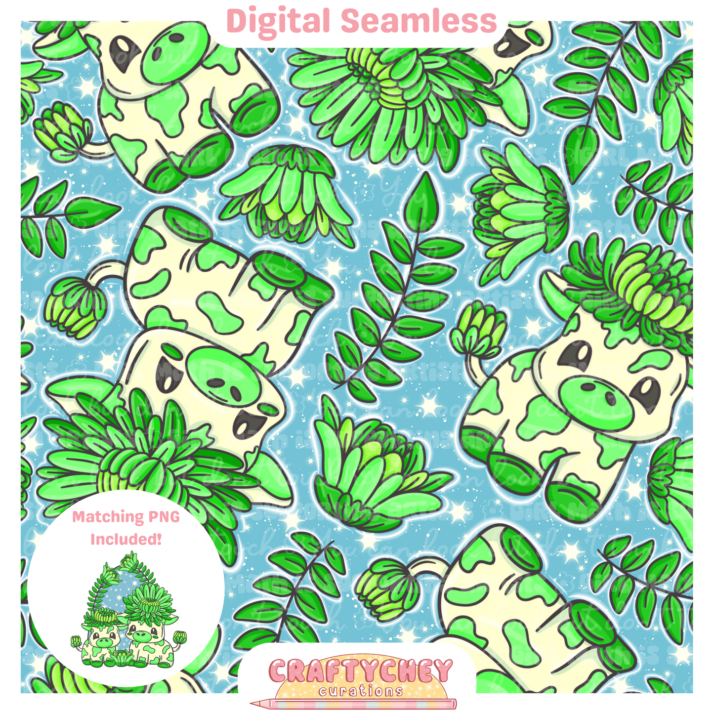 Green Chrysanthemum Cows (Seamless + PNG)