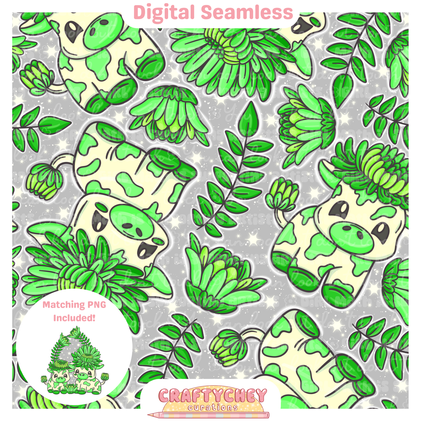 Green Chrysanthemum Cows (Seamless + PNG)