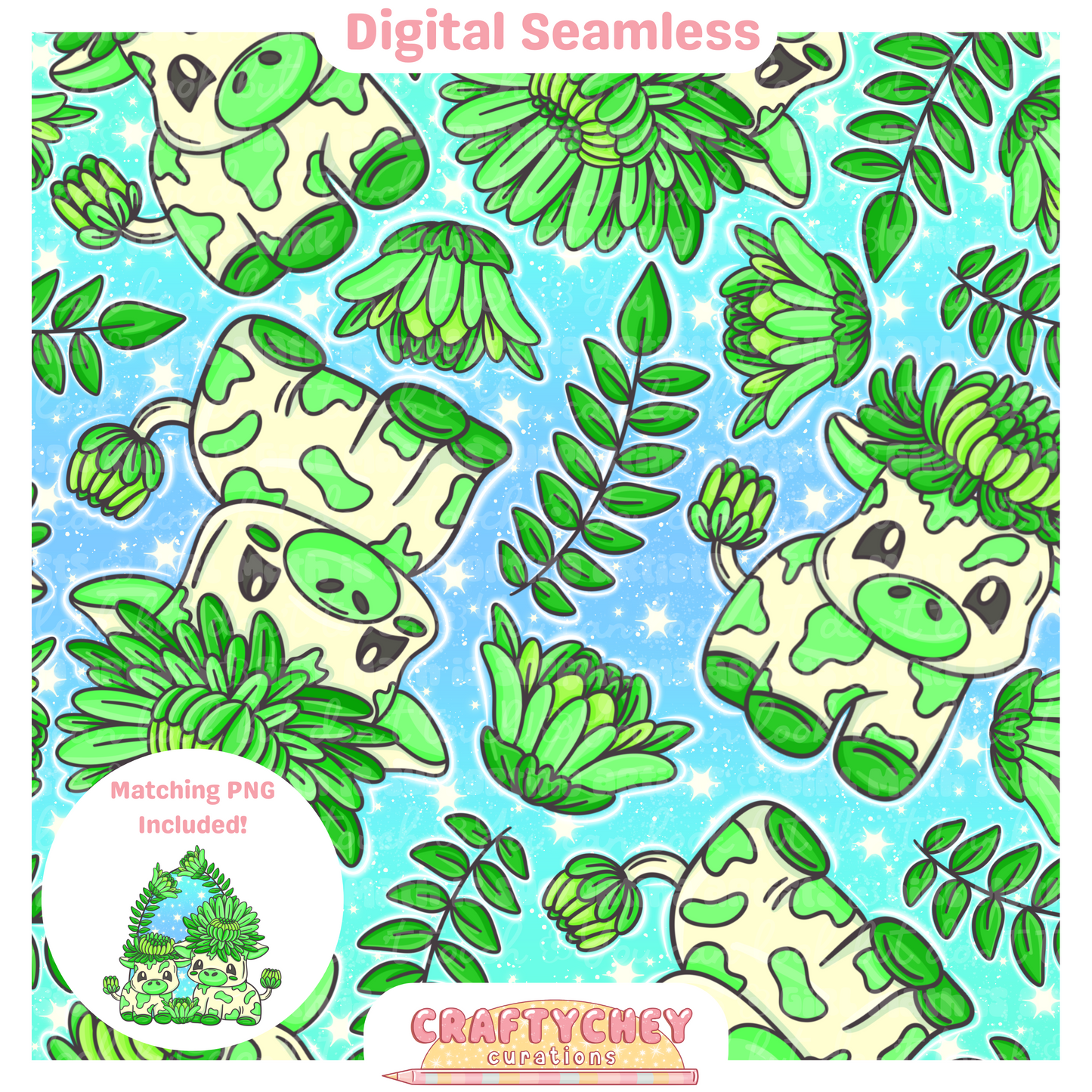 Green Chrysanthemum Cows (Seamless + PNG)