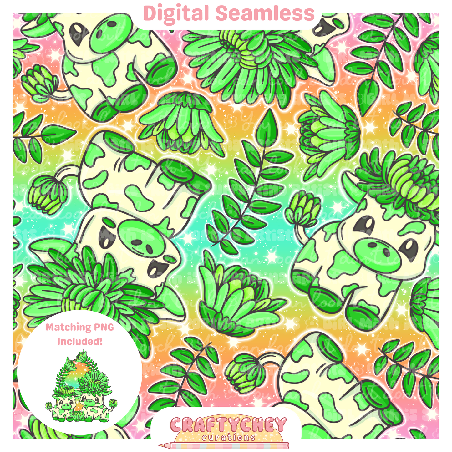 Green Chrysanthemum Cows (Seamless + PNG)
