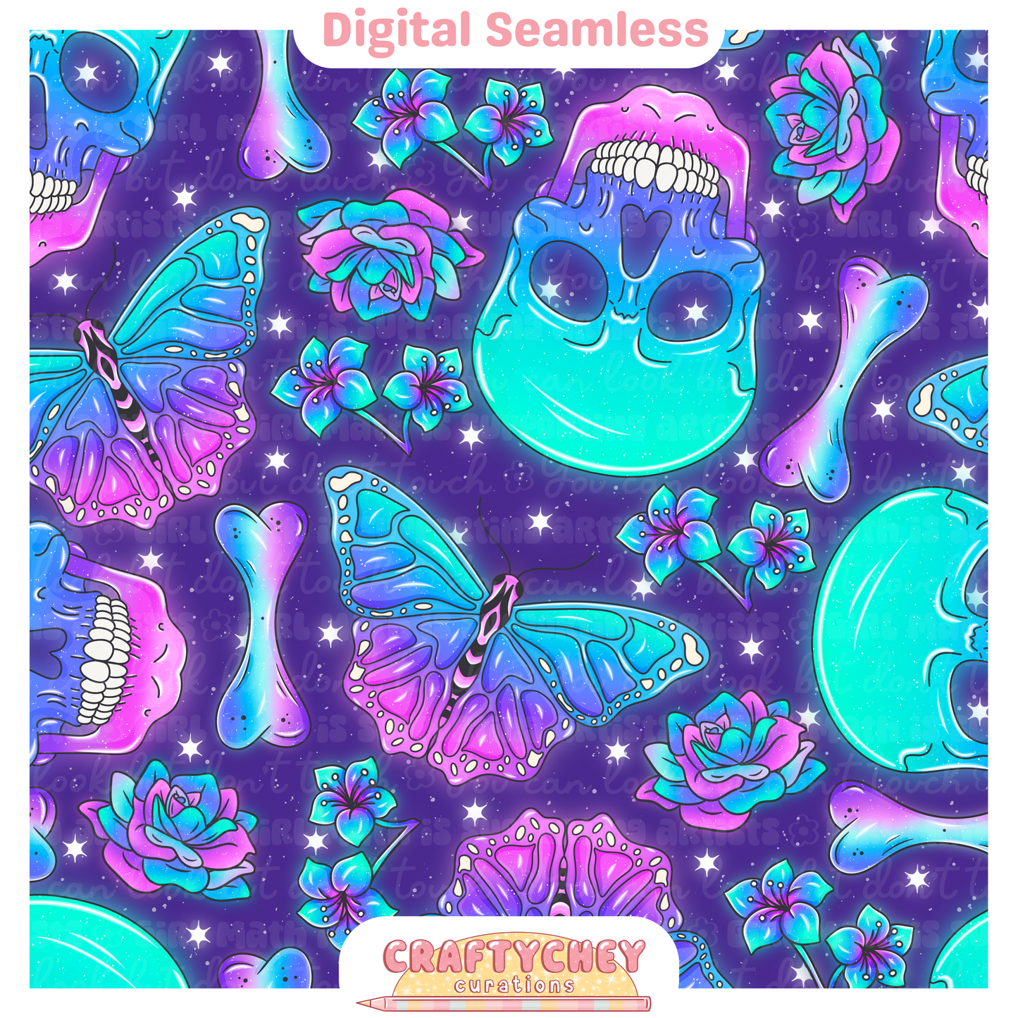 Holographic Butterfly Skulls (Seamless + PNG)